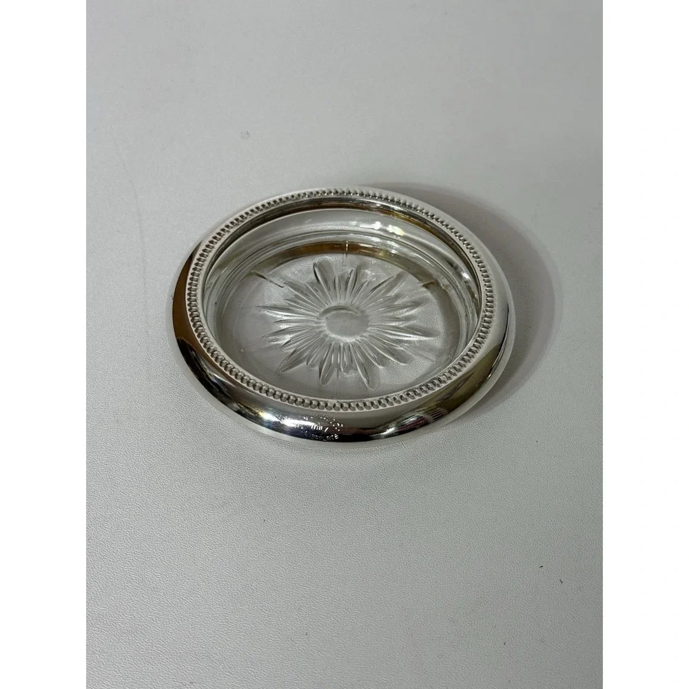 Vintage Leonard Crystal and Silver Plate Coaster‎ Ashtray Set of 4 Italy In Box